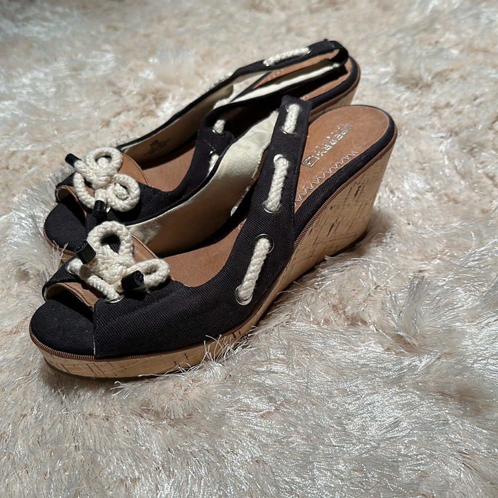Sperry Nautical Navy Open Toed Wedges. Size 10.